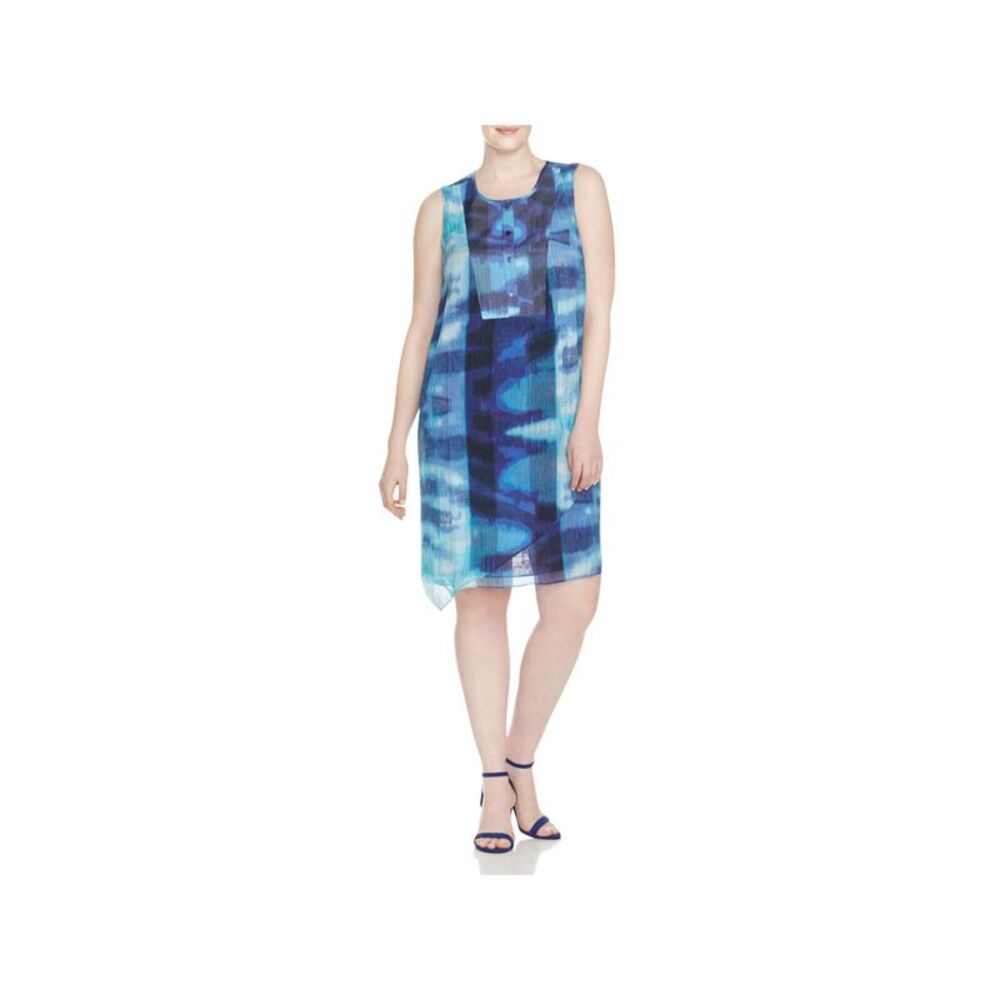 NIC+ZOE Womens Blue Asymmetrical Hem Tunic Style Sleeveless Shift Dress Plus 2X